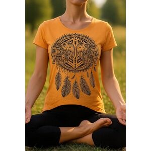 Orange Elephant Feather Dreamcatcher Graphic rhinestone T Shirt Women's M